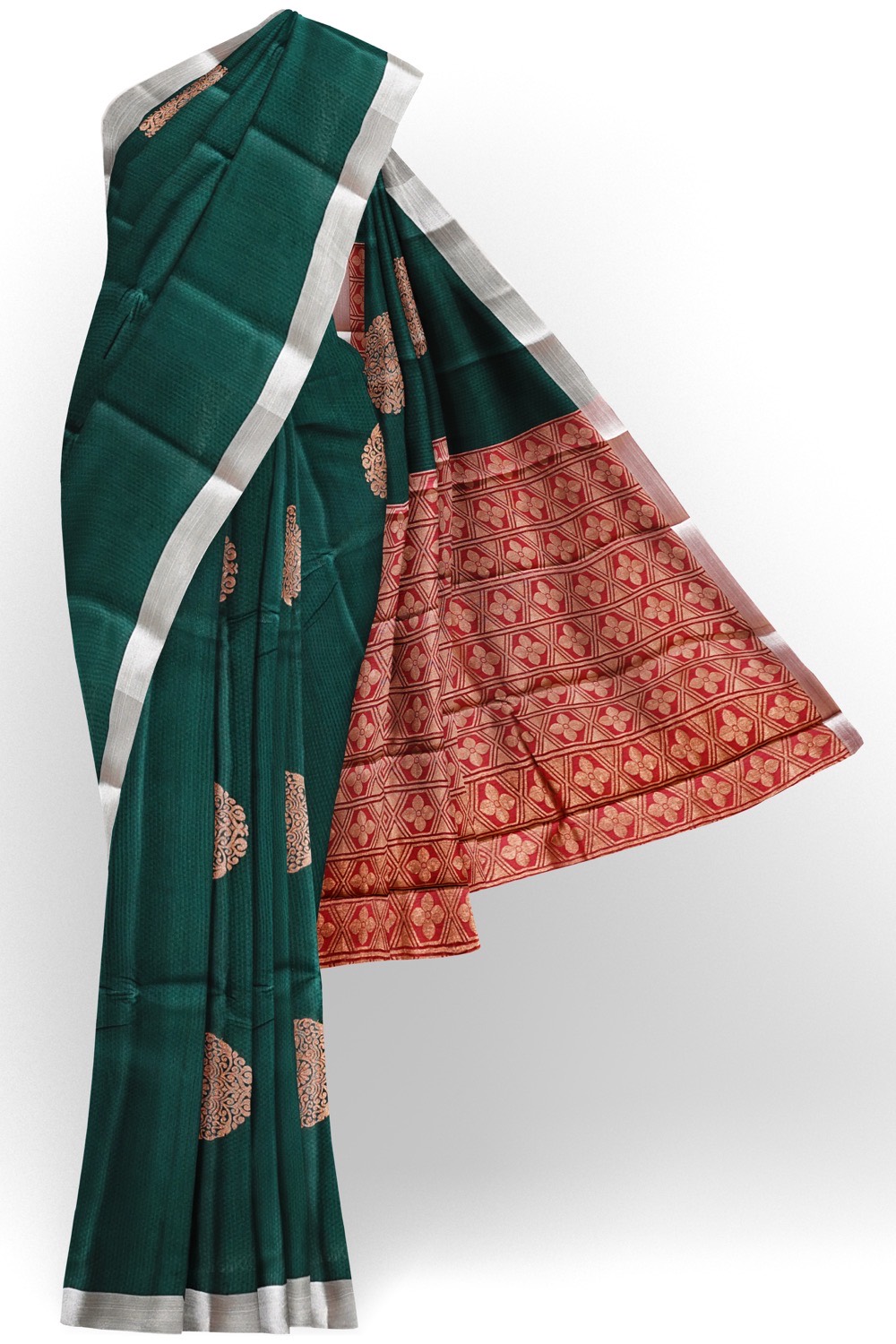 sri kumaran stores cikocotton saree dark green saree with silver border 120221213