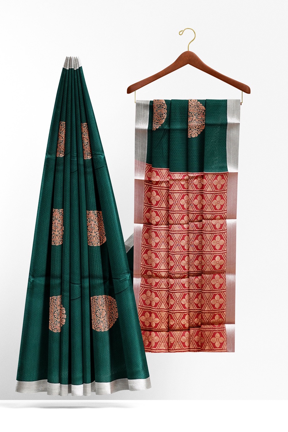 sri kumaran stores cikocotton saree dark green saree with silver border 220221213
