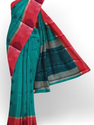 sri kumaran stores cikocotton saree green saree with golden and red border 120221213