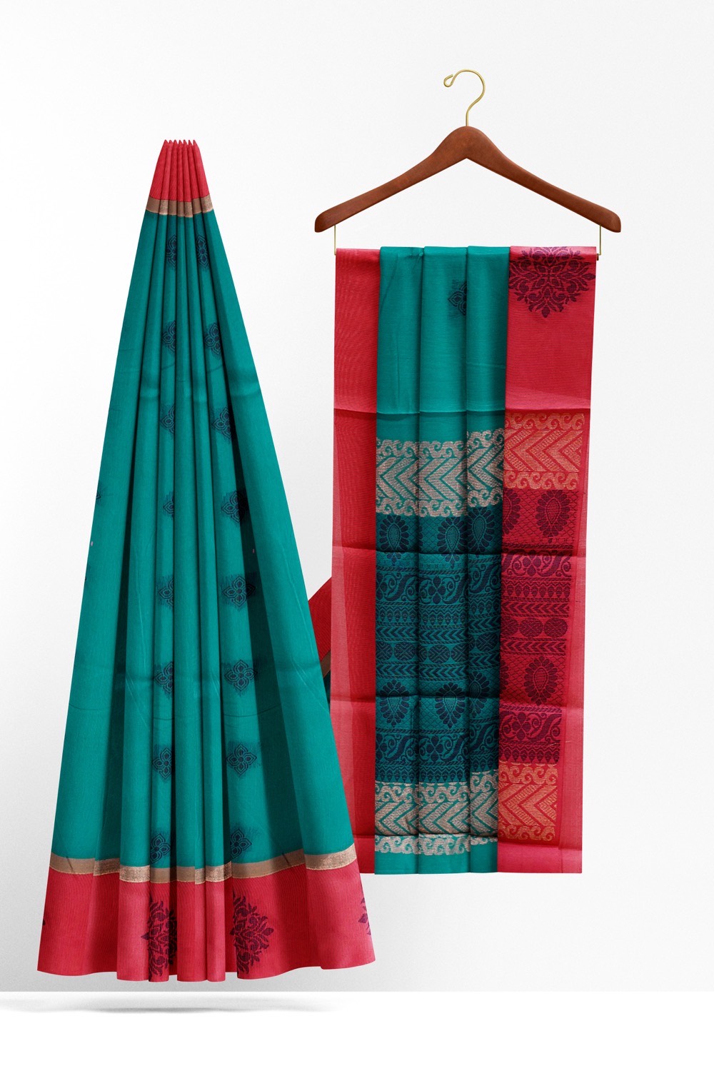 sri kumaran stores cikocotton saree green saree with golden and red border 220221213