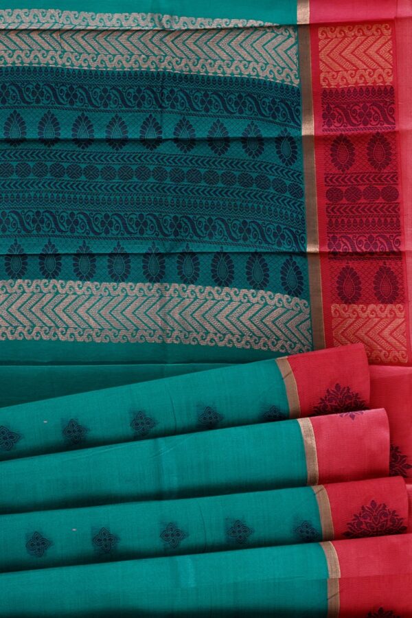 sri kumaran stores cikocotton saree green saree with golden and red border 520221213
