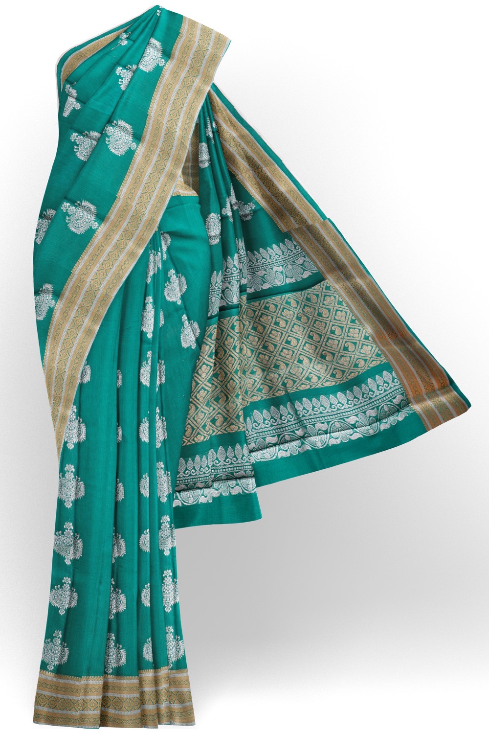 sri kumaran stores cikocotton saree green saree with silver and golden border 120221213