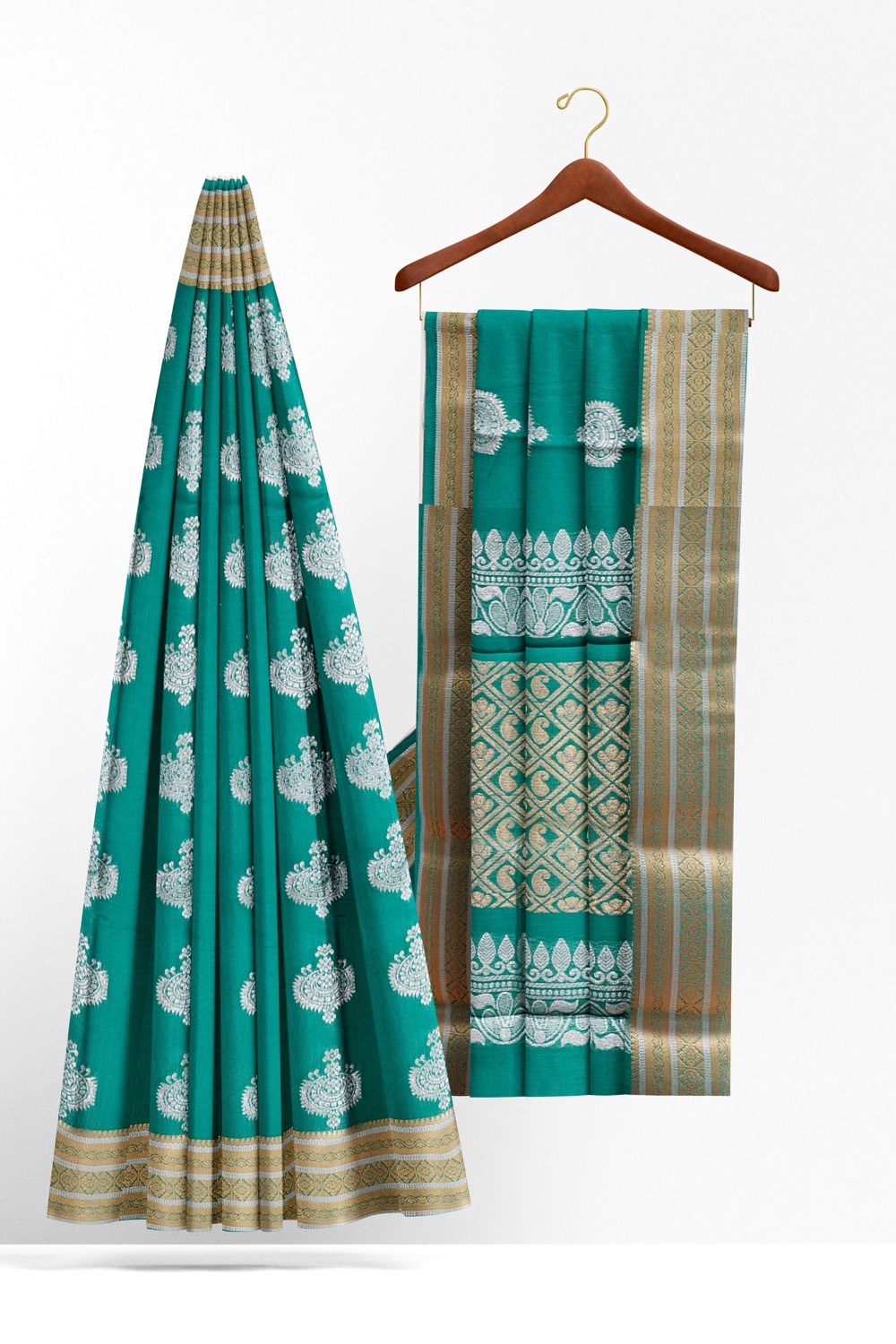 sri kumaran stores cikocotton saree green saree with silver and golden border 220221213