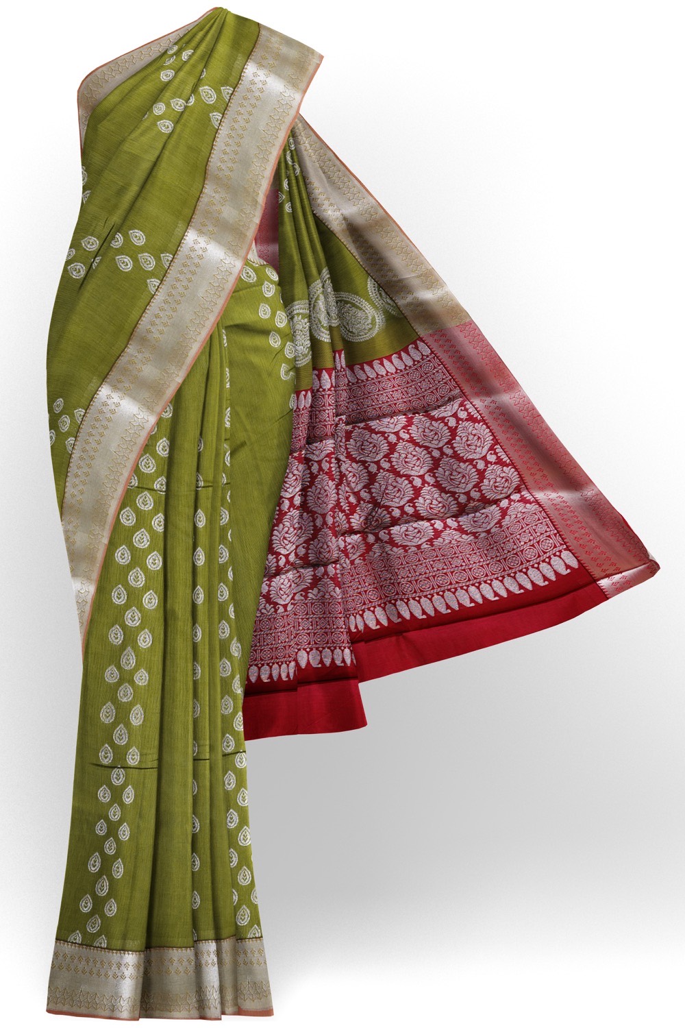 sri kumaran stores cikocotton saree green saree with silver border 120221213