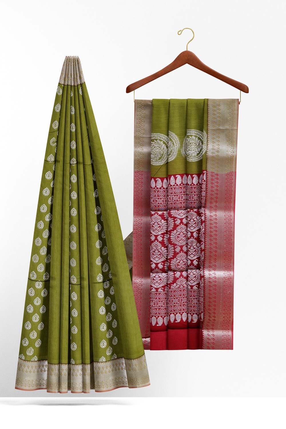 sri kumaran stores cikocotton saree green saree with silver border 220221213