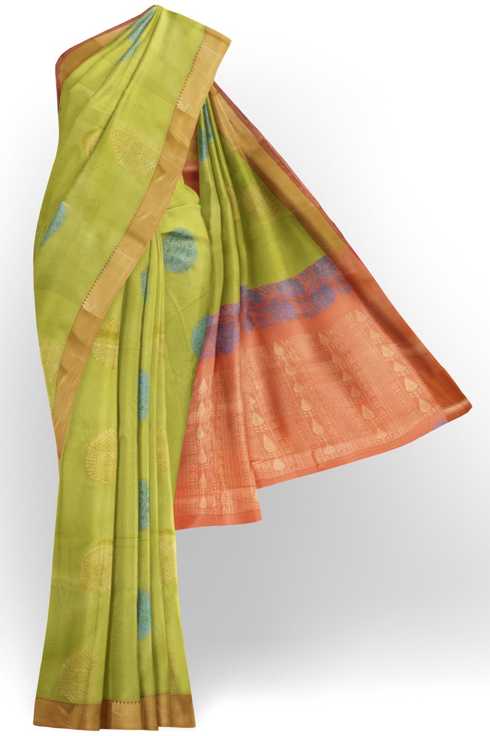 sri kumaran stores cikocotton saree light green saree with golden border 120221213