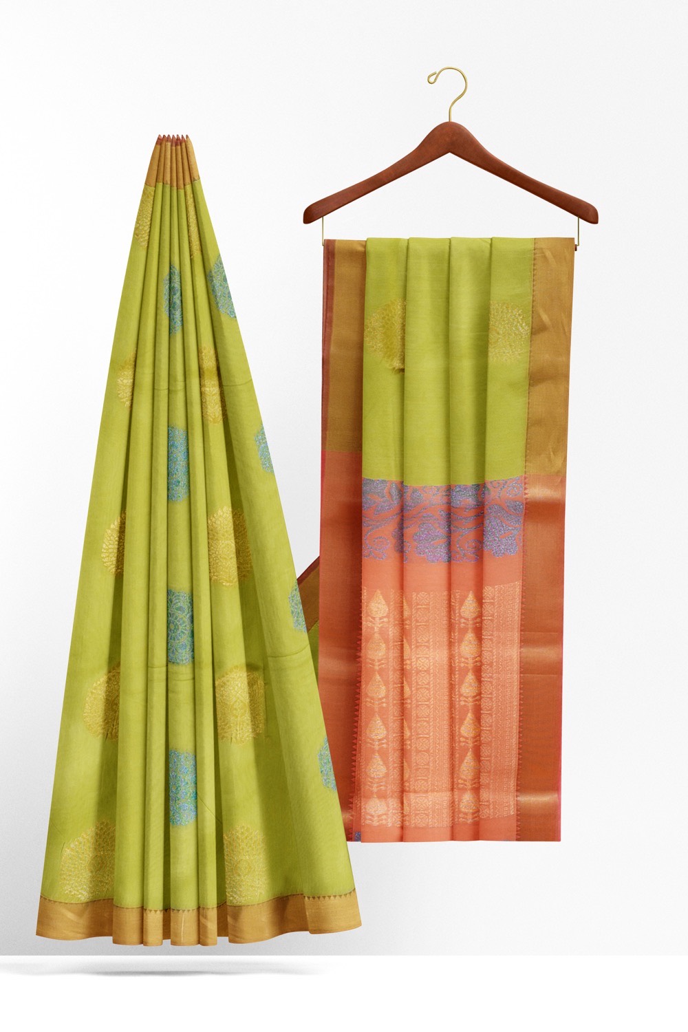 sri kumaran stores cikocotton saree light green saree with golden border 220221213