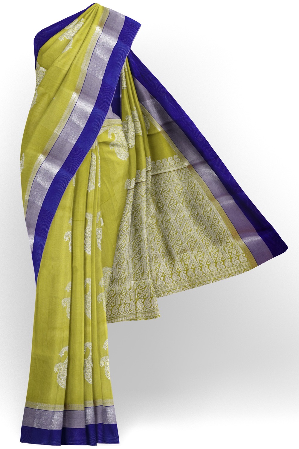 sri kumaran stores cikocotton saree light green saree with silver and dark blue border 120221213