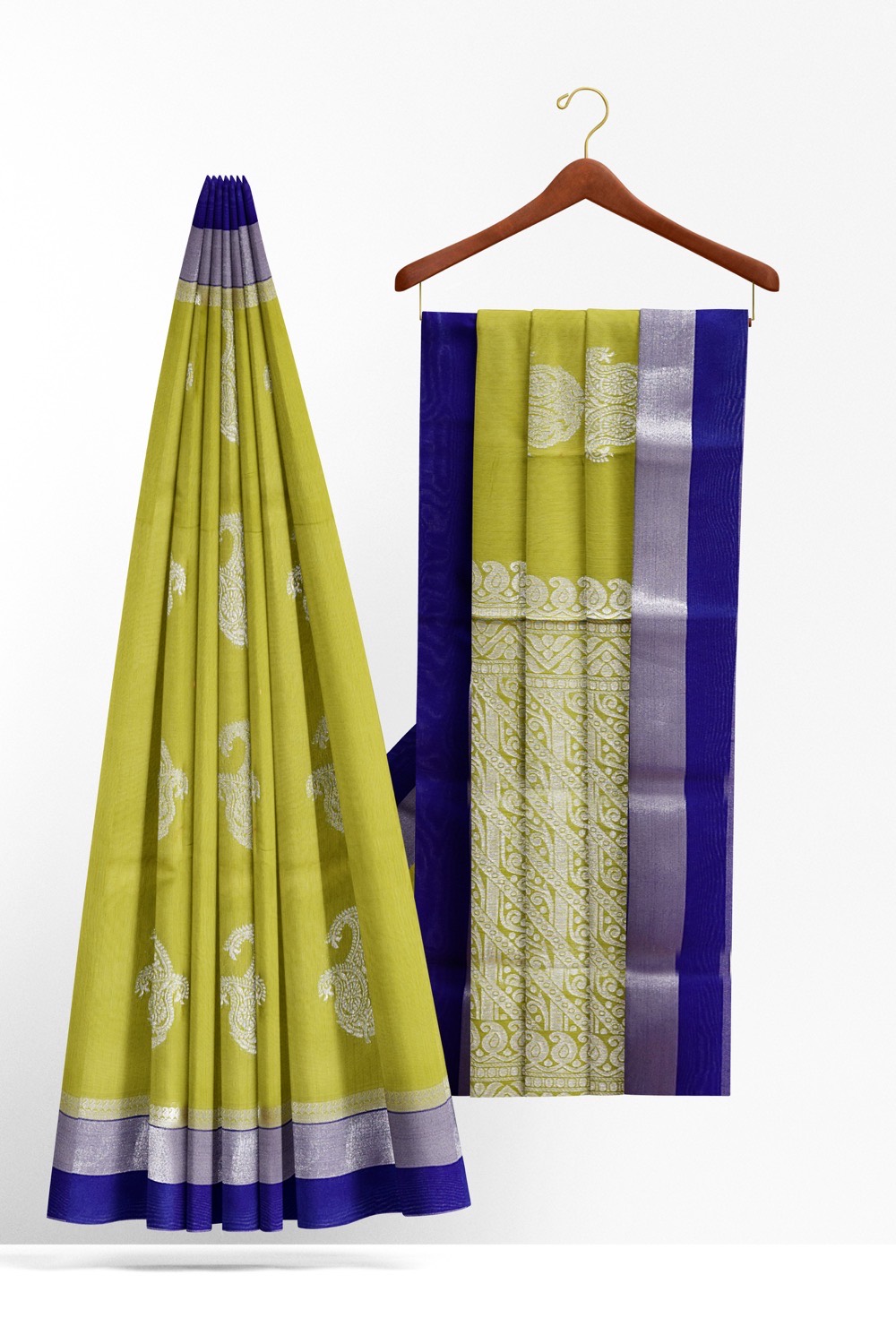 sri kumaran stores cikocotton saree light green saree with silver and dark blue border 220221213