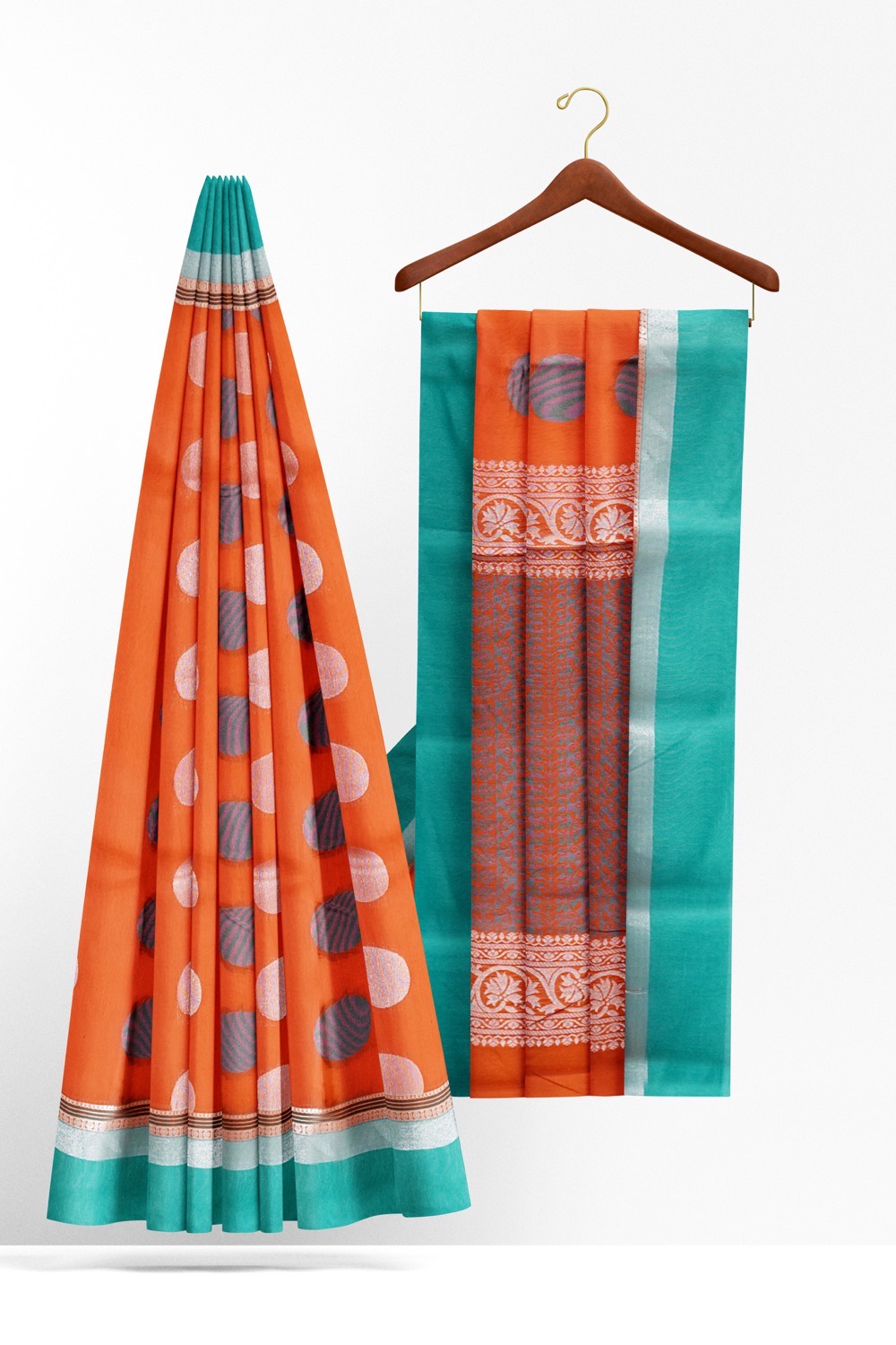 sri kumaran stores cikocotton saree orange saree with silver and light blue border 220221213