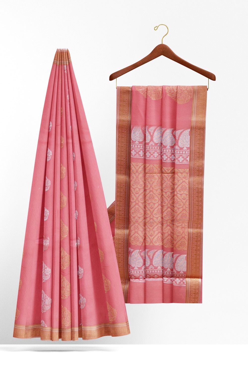 sri kumaran stores cikocotton saree pink saree with golden border 220221213