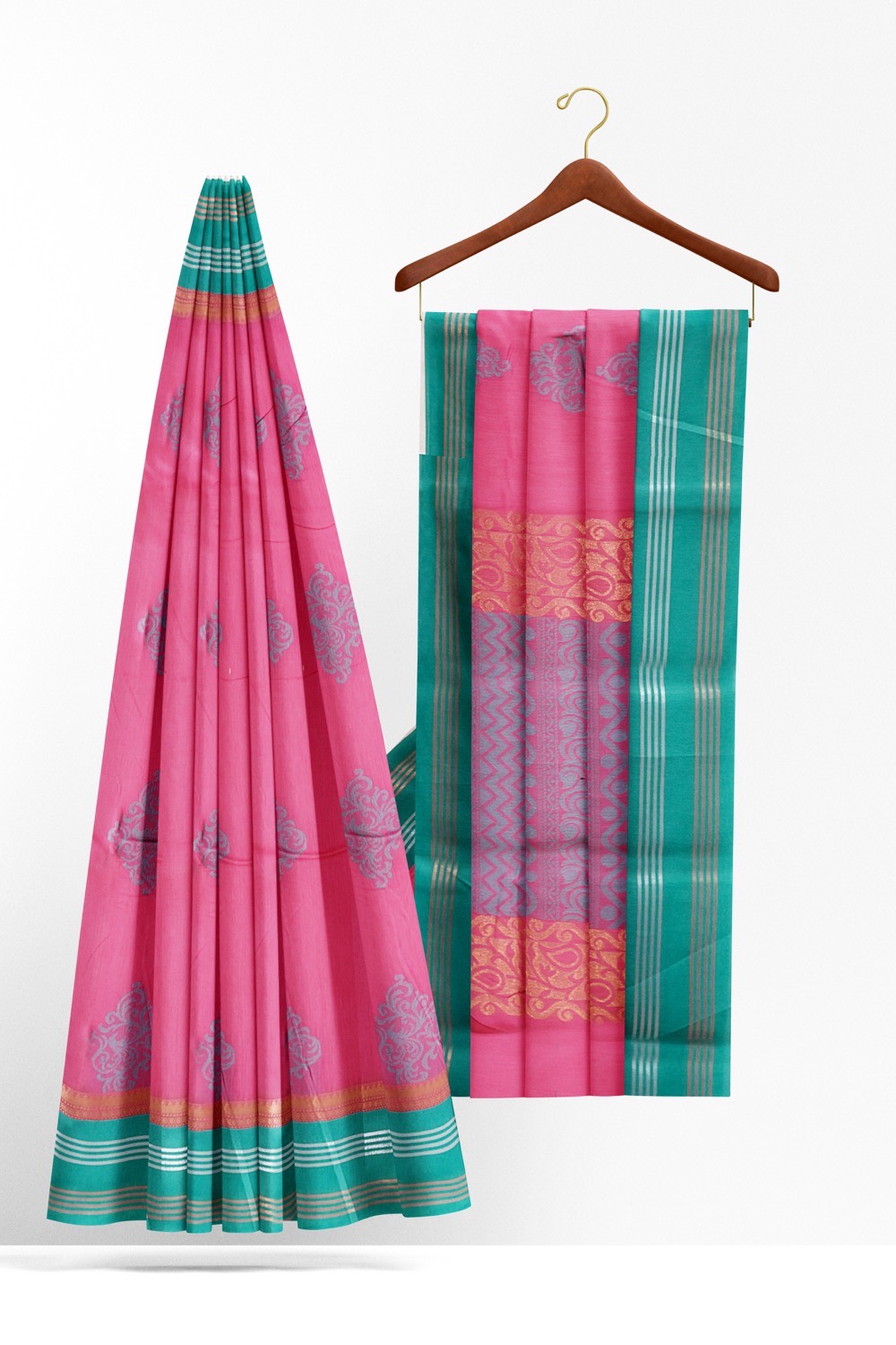 sri kumaran stores cikocotton saree pink saree with green border 220221213