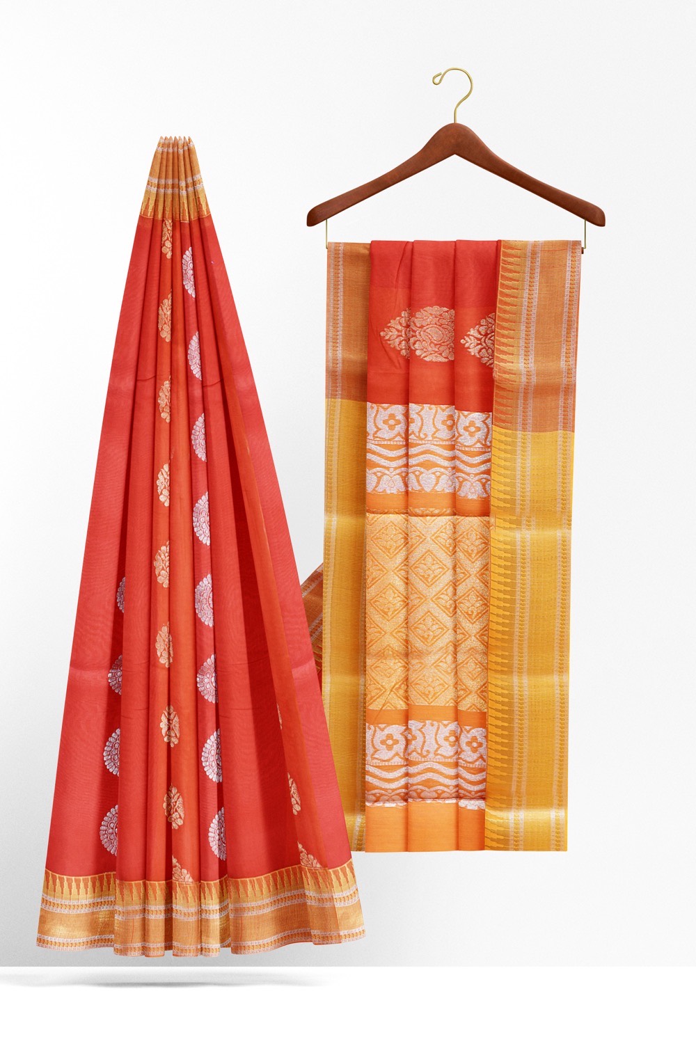 sri kumaran stores cikocotton saree red saree with golden colour border 220221213