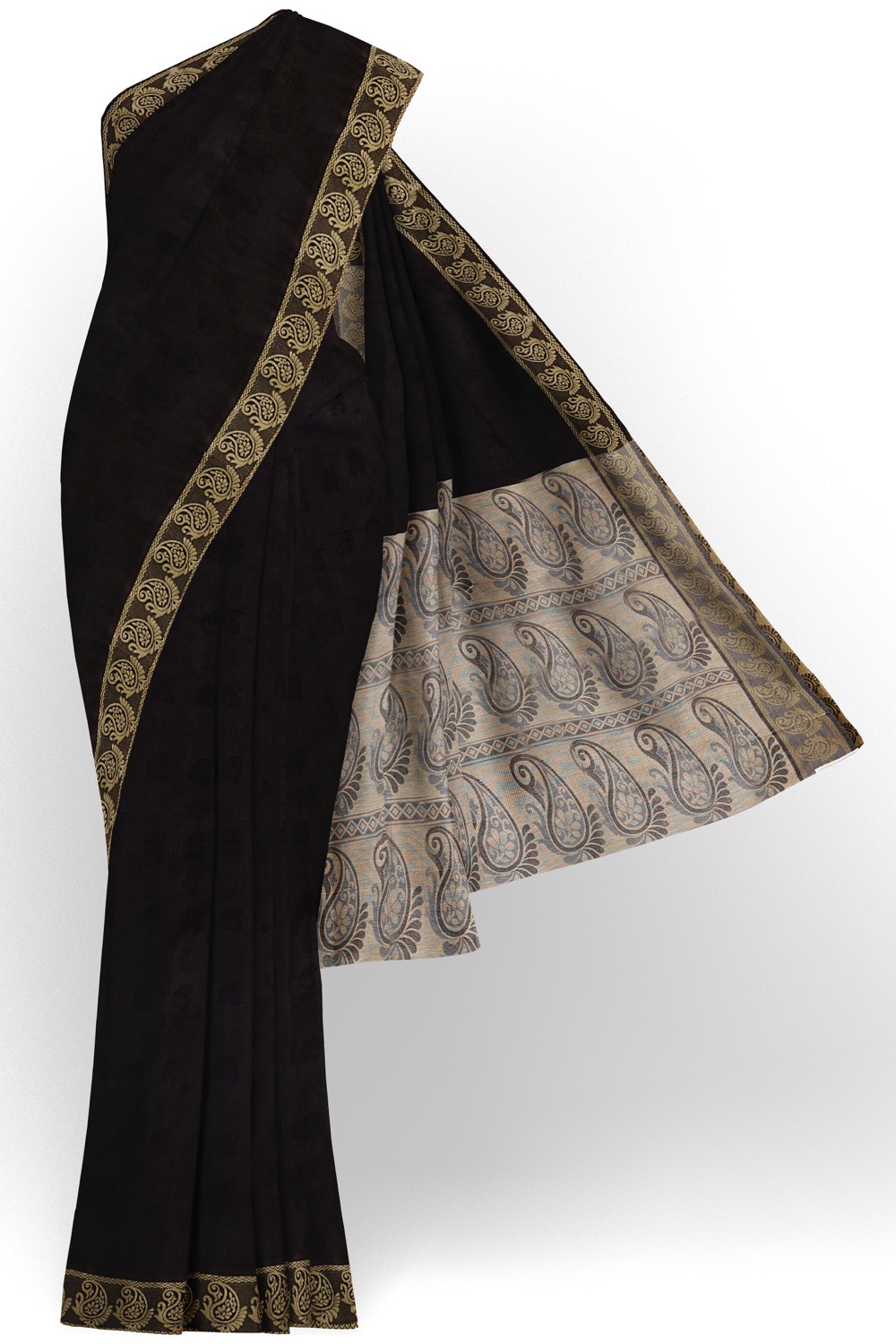 sri kumaran stores coimbatore cotton saree black saree with mango motif thread woven border 120221213