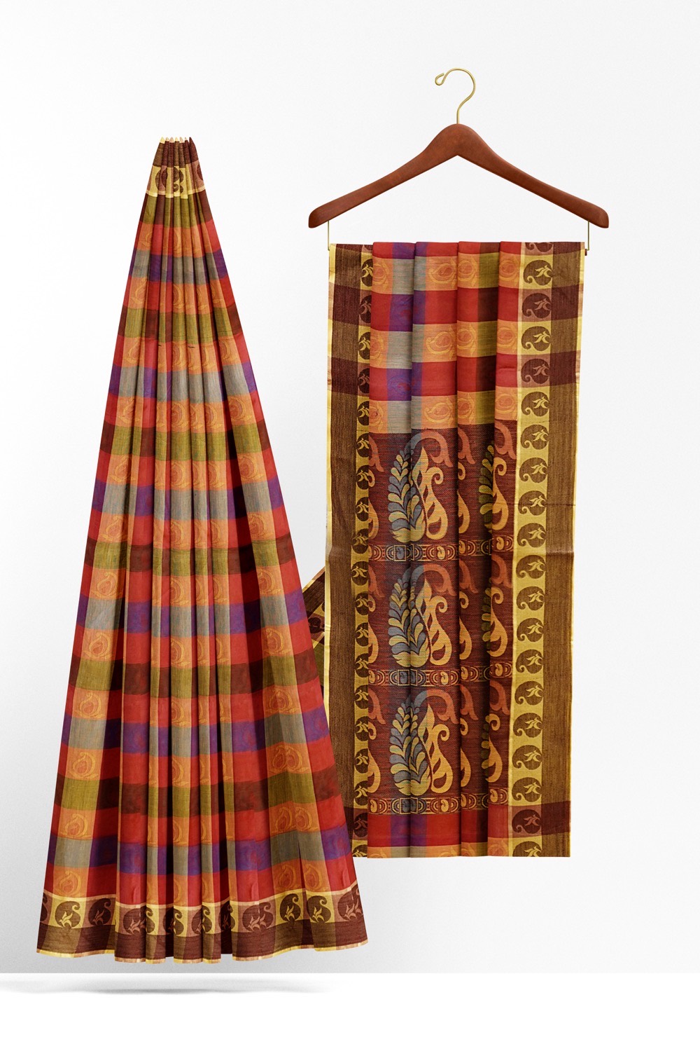 sri kumaran stores coimbatore cotton saree multi color checks saree with mango motif border 220221213