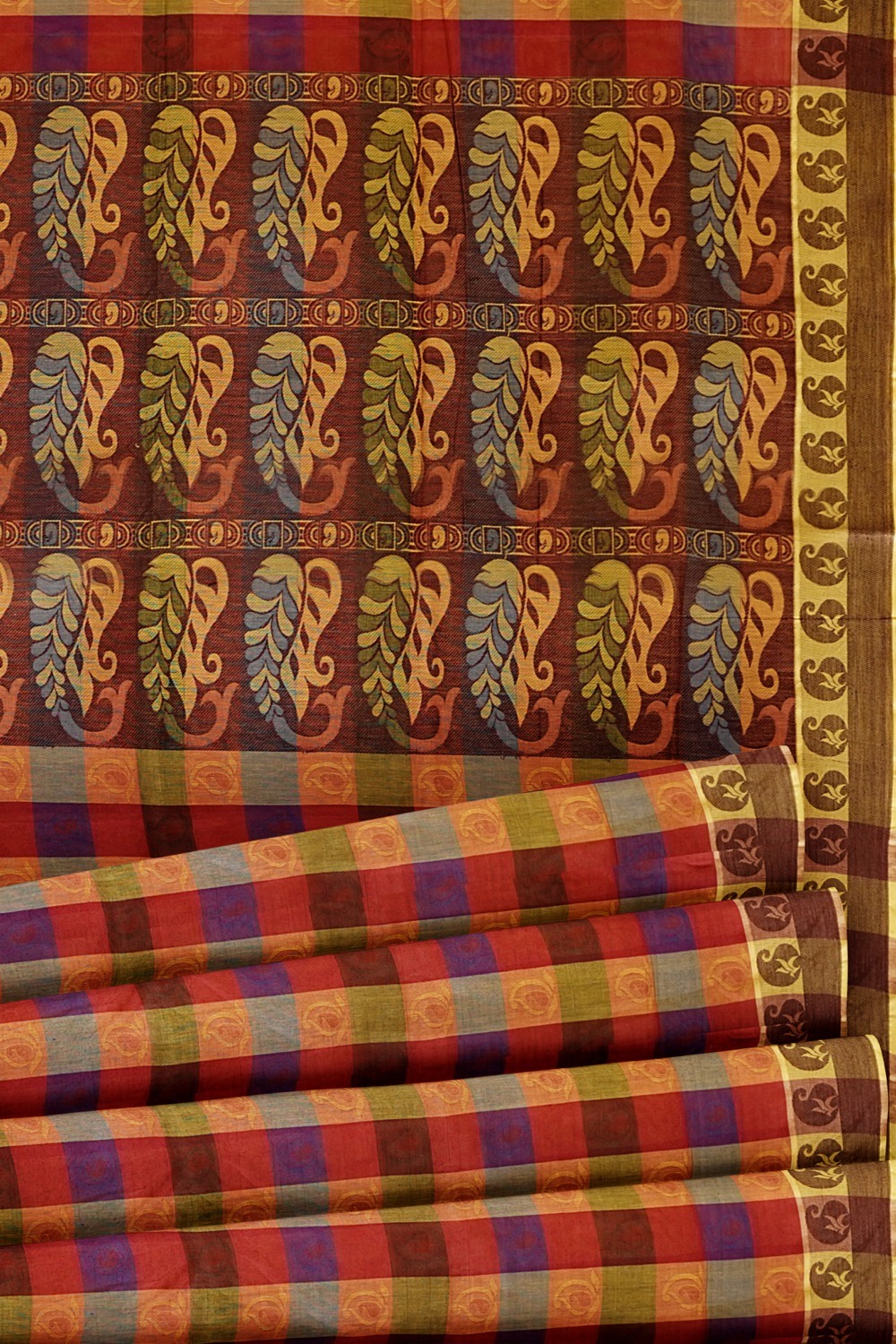 sri kumaran stores coimbatore cotton saree multi color checks saree with mango motif border 520221213