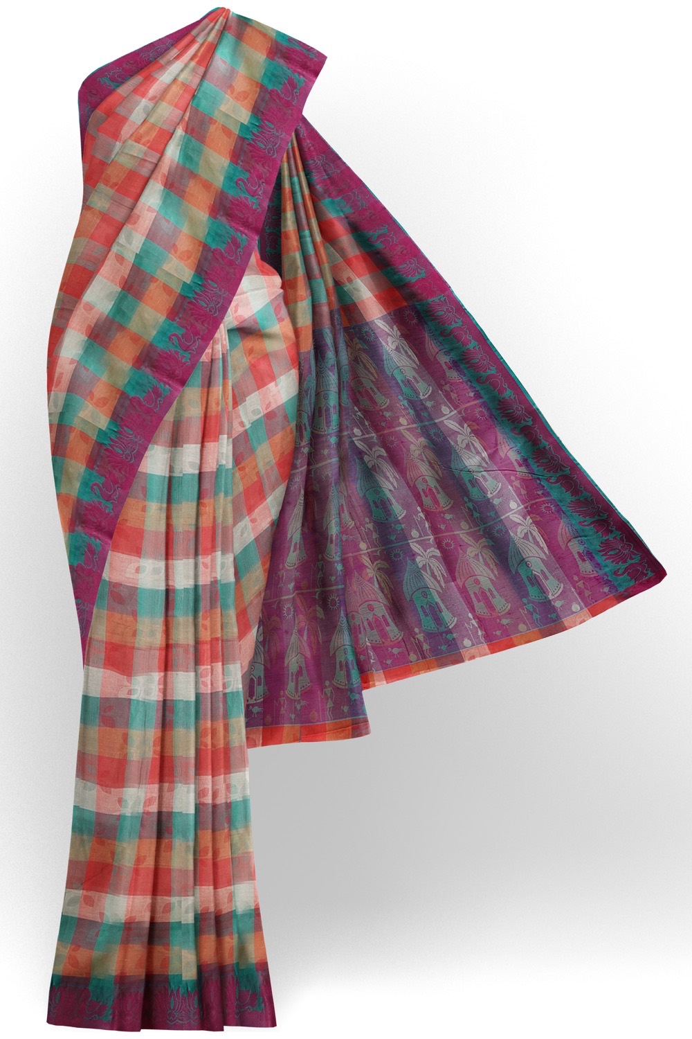 sri kumaran stores coimbatore cotton saree multi color checks saree with purple border 120221213
