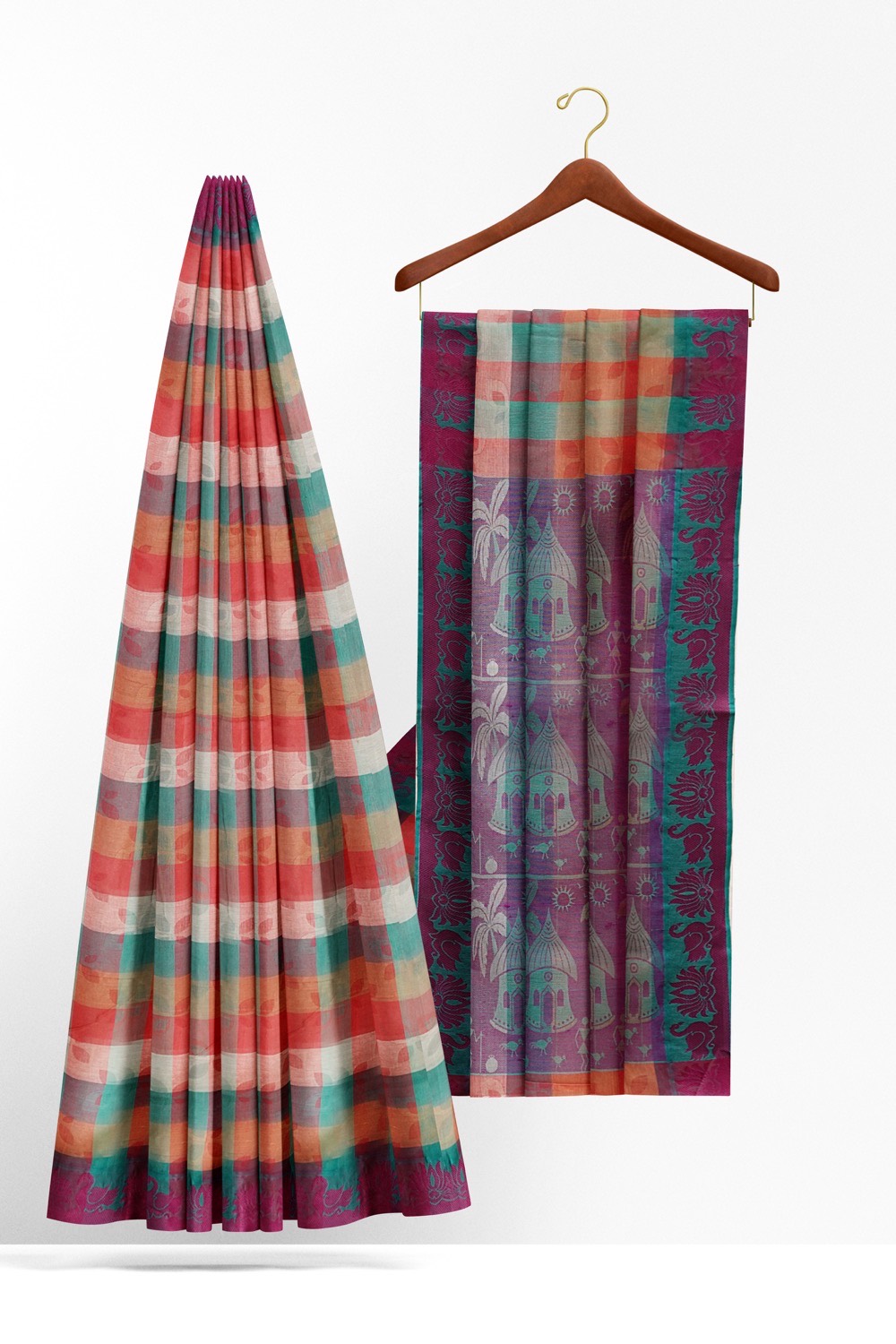 sri kumaran stores coimbatore cotton saree multi color checks saree with purple border 220221213