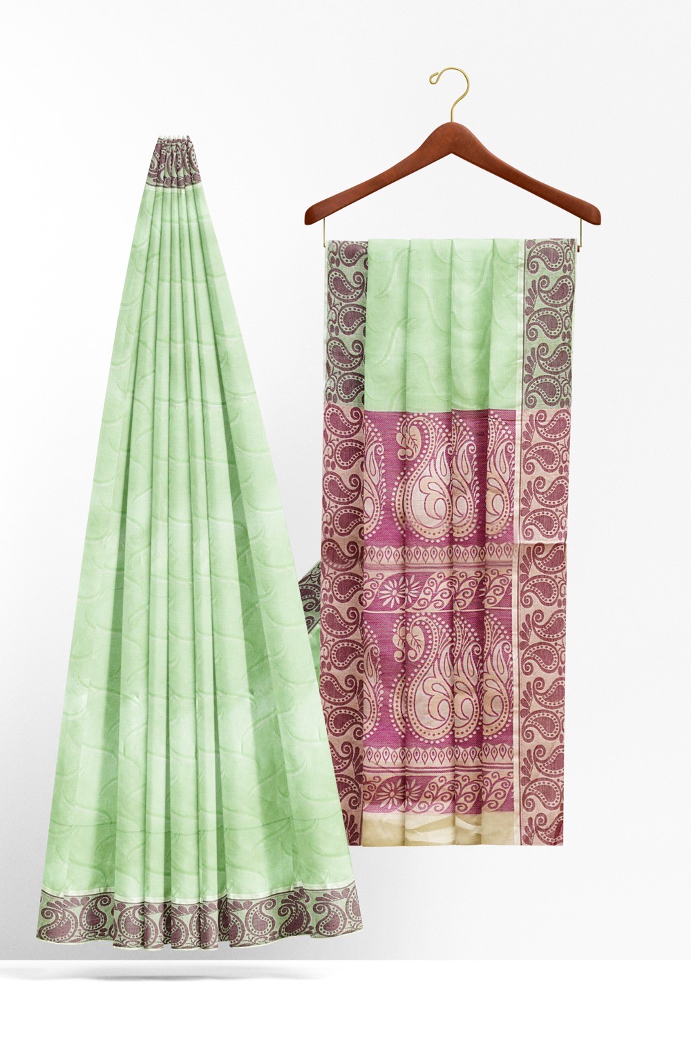 sri kumaran stores coimbatore cotton saree pista green and purple saree with thread woven border 220221213