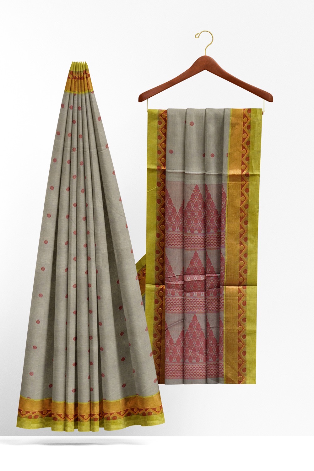 sri kumaran stores kora cotton saree ash colour saree with green border 2