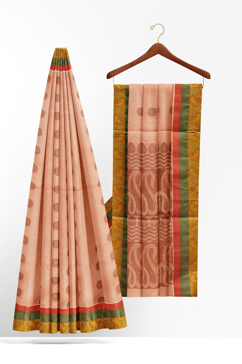 sri kumaran stores kora cotton saree biscuit color saree with green border 2