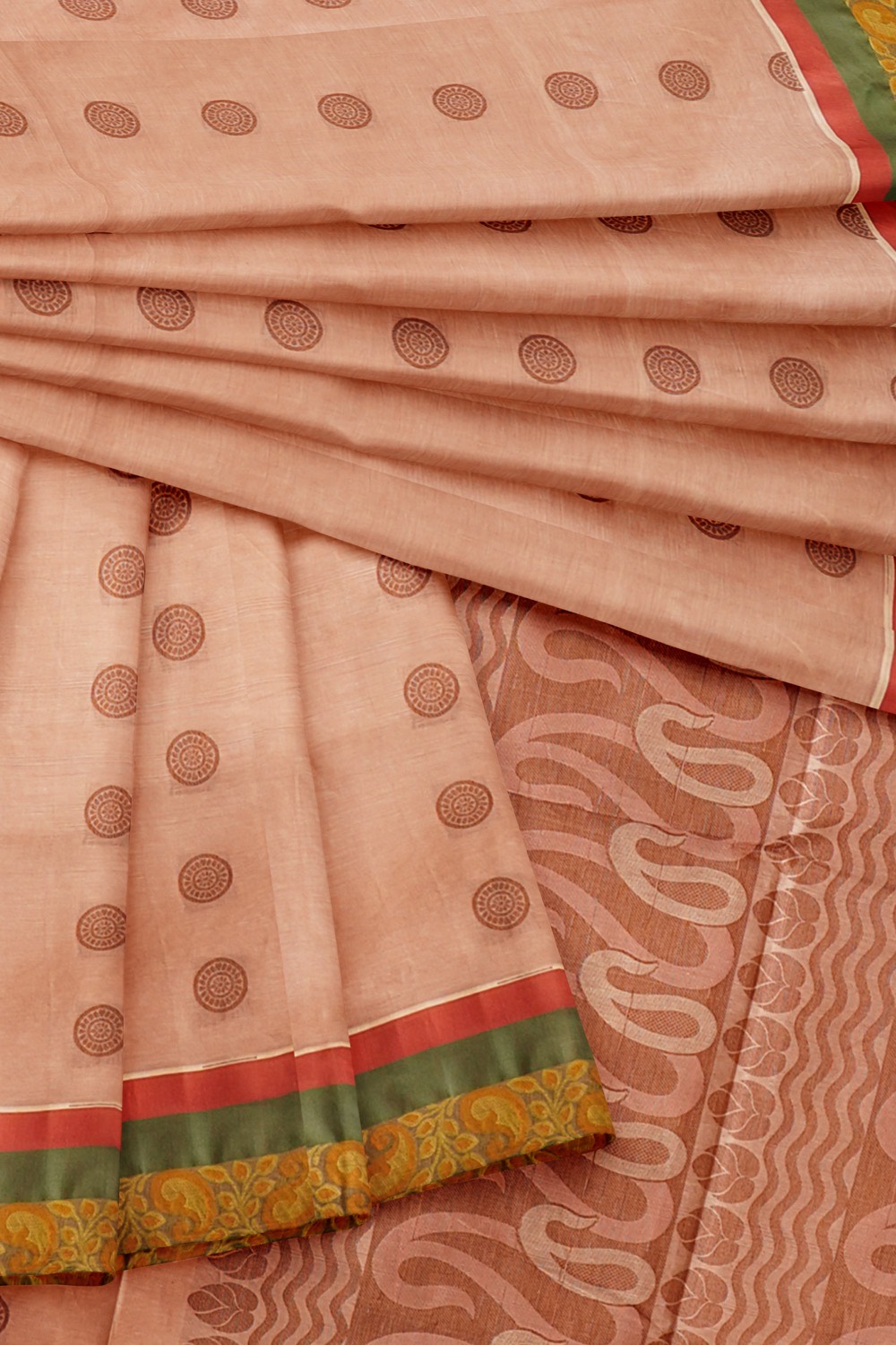 sri kumaran stores kora cotton saree biscuit color saree with green border 4