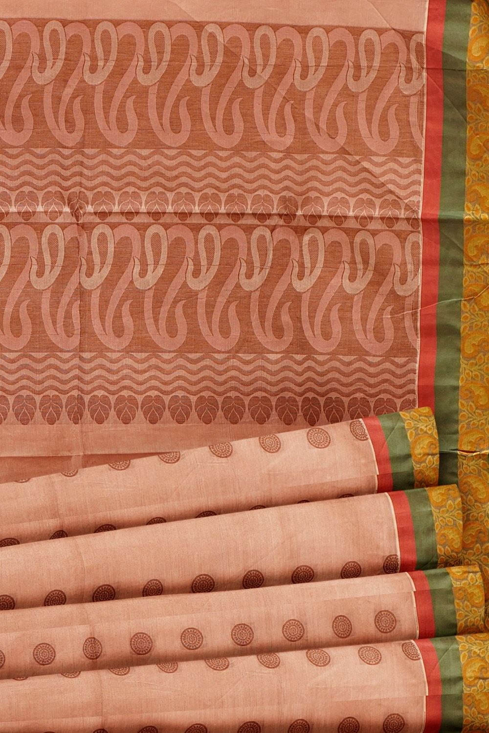 sri kumaran stores kora cotton saree biscuit color saree with green border 5