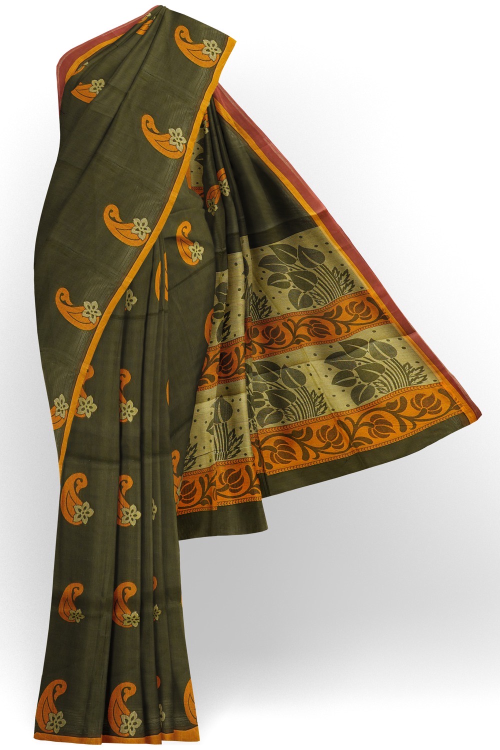 sri kumaran stores kora cotton saree black saree with orange border 1