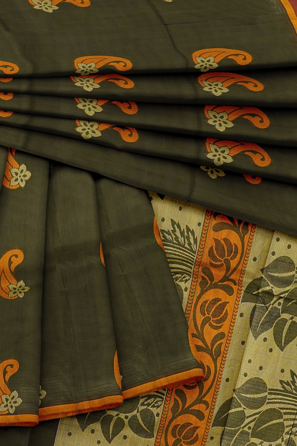 sri kumaran stores kora cotton saree black saree with orange border 4