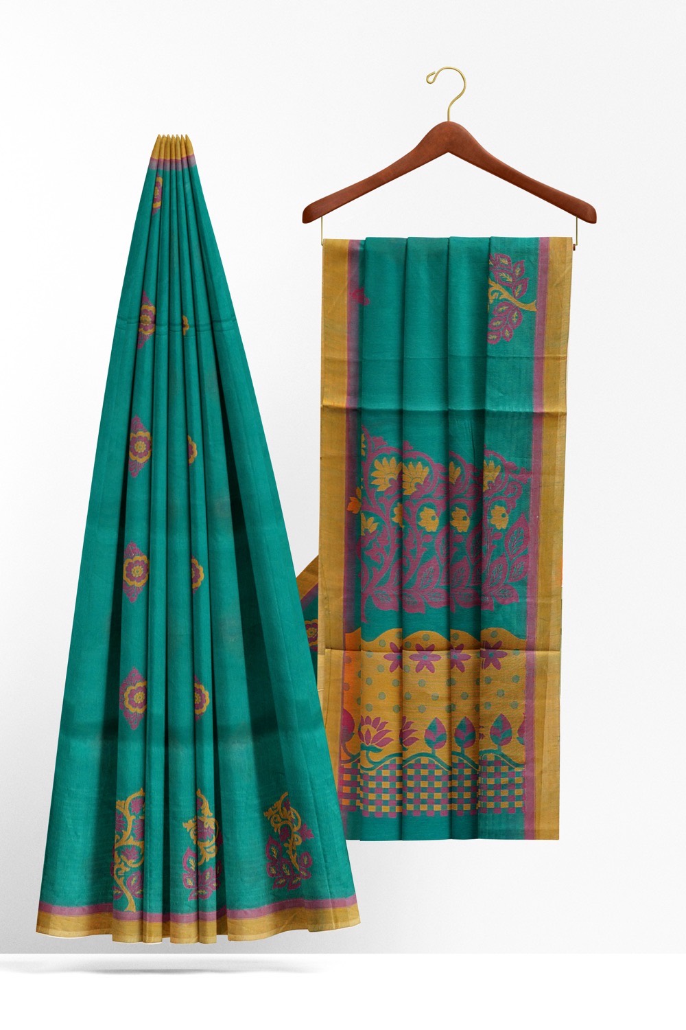sri kumaran stores kora cotton saree blue saree with golden border 2