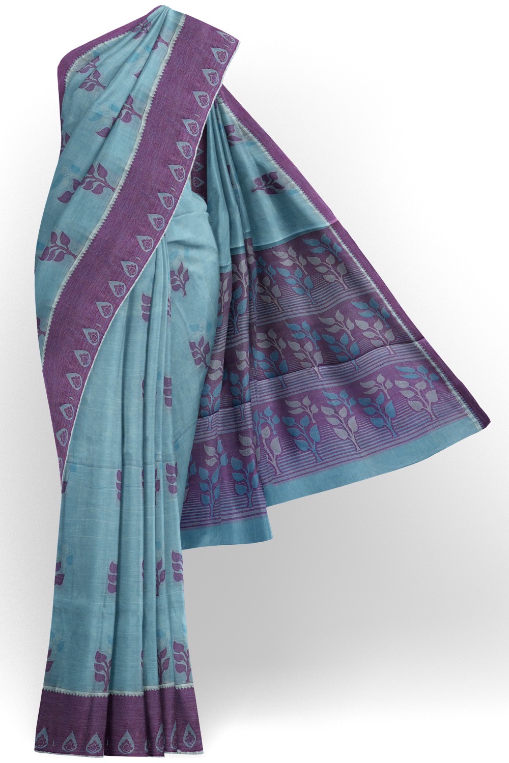 sri kumaran stores kora cotton saree blue saree with purple border 1