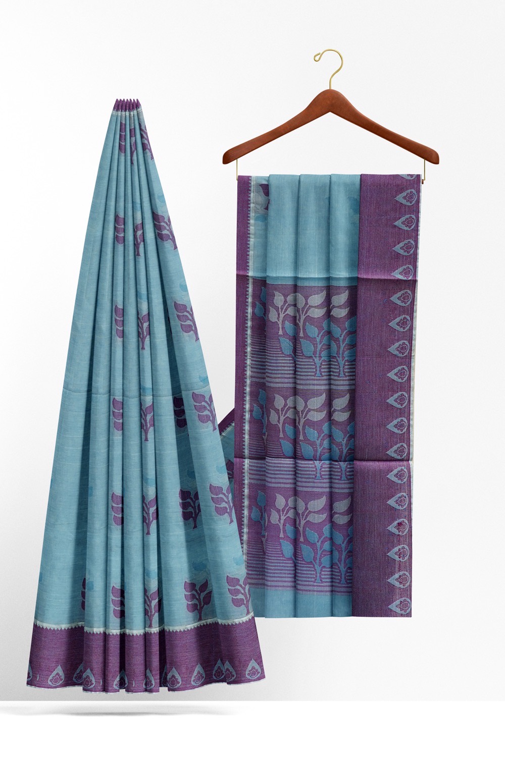 sri kumaran stores kora cotton saree blue saree with purple border 2