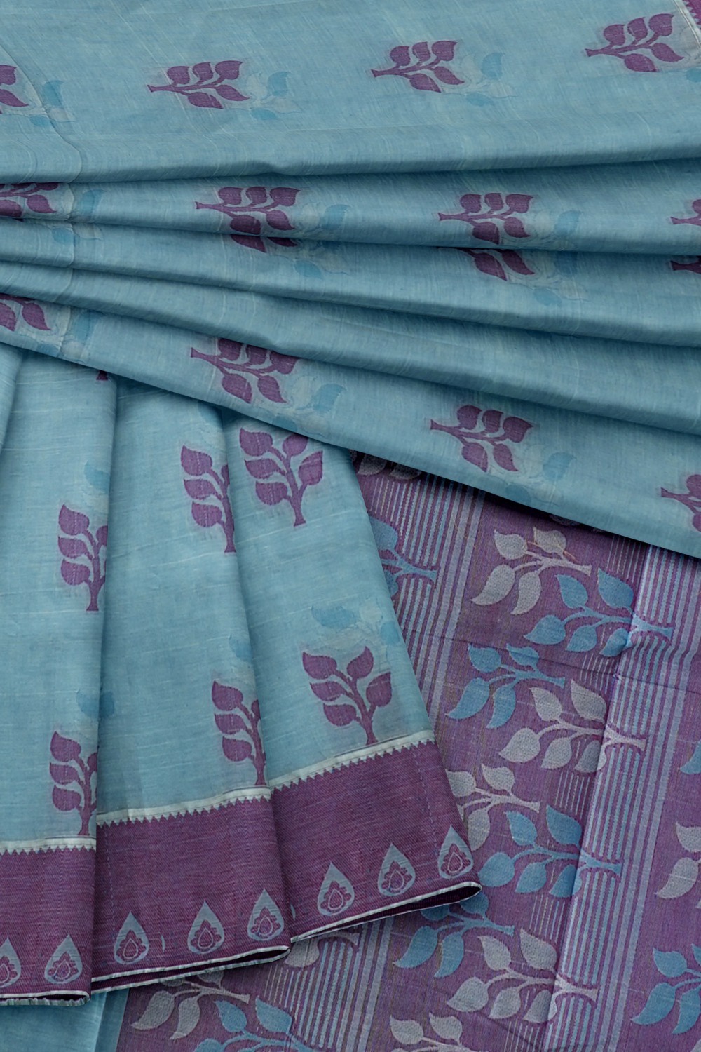 sri kumaran stores kora cotton saree blue saree with purple border 4