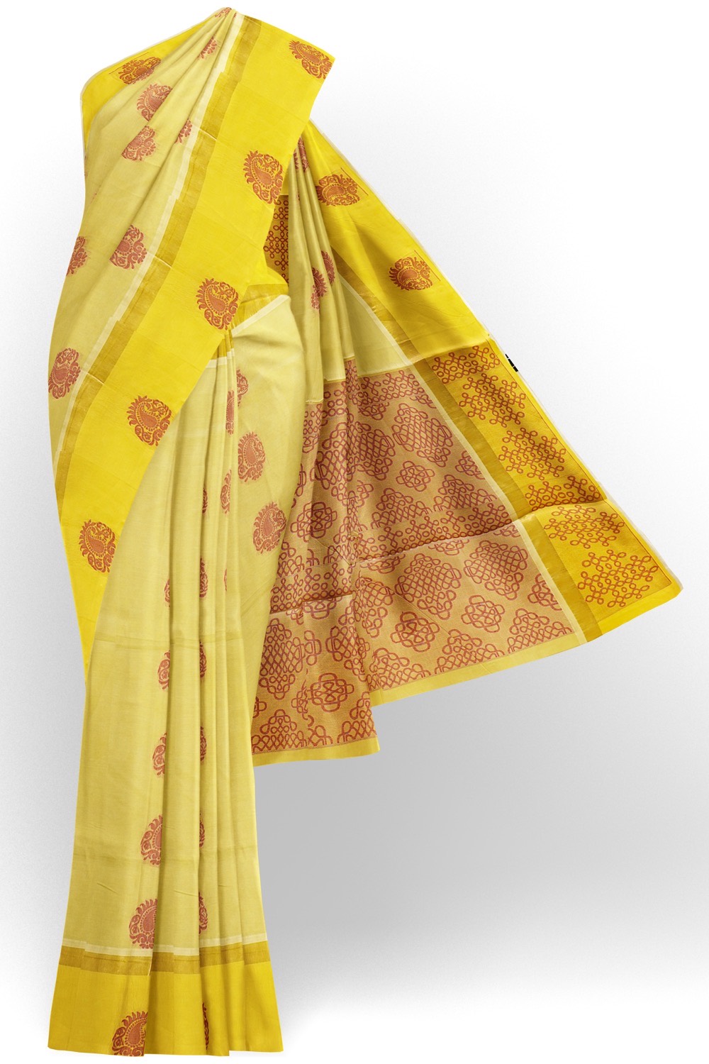 sri kumaran stores kora cotton saree cream colour saree with floral yellow border 1