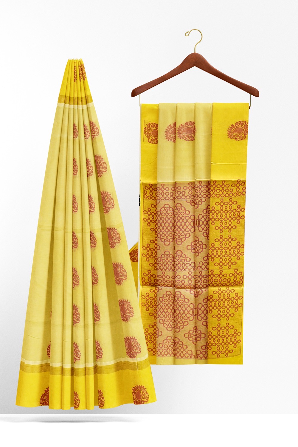 sri kumaran stores kora cotton saree cream colour saree with floral yellow border 2