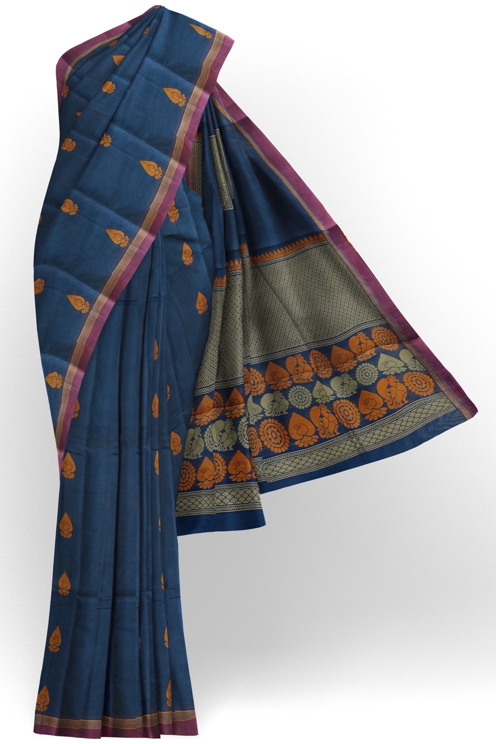 sri kumaran stores kora cotton saree dark blue saree with orange and pink border 1
