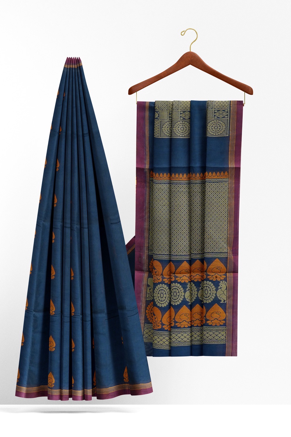 sri kumaran stores kora cotton saree dark blue saree with orange and pink border 2