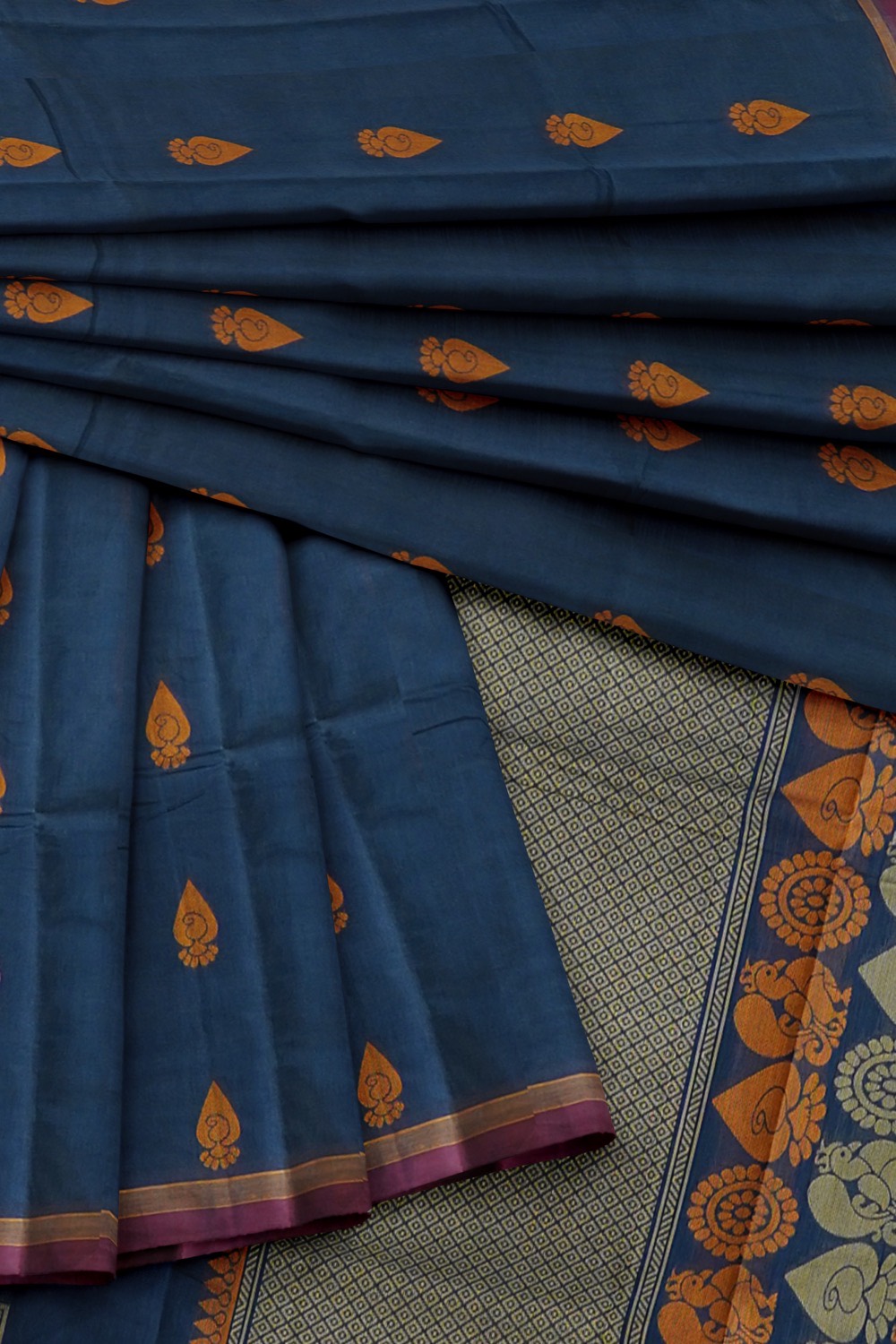 sri kumaran stores kora cotton saree dark blue saree with orange and pink border 4