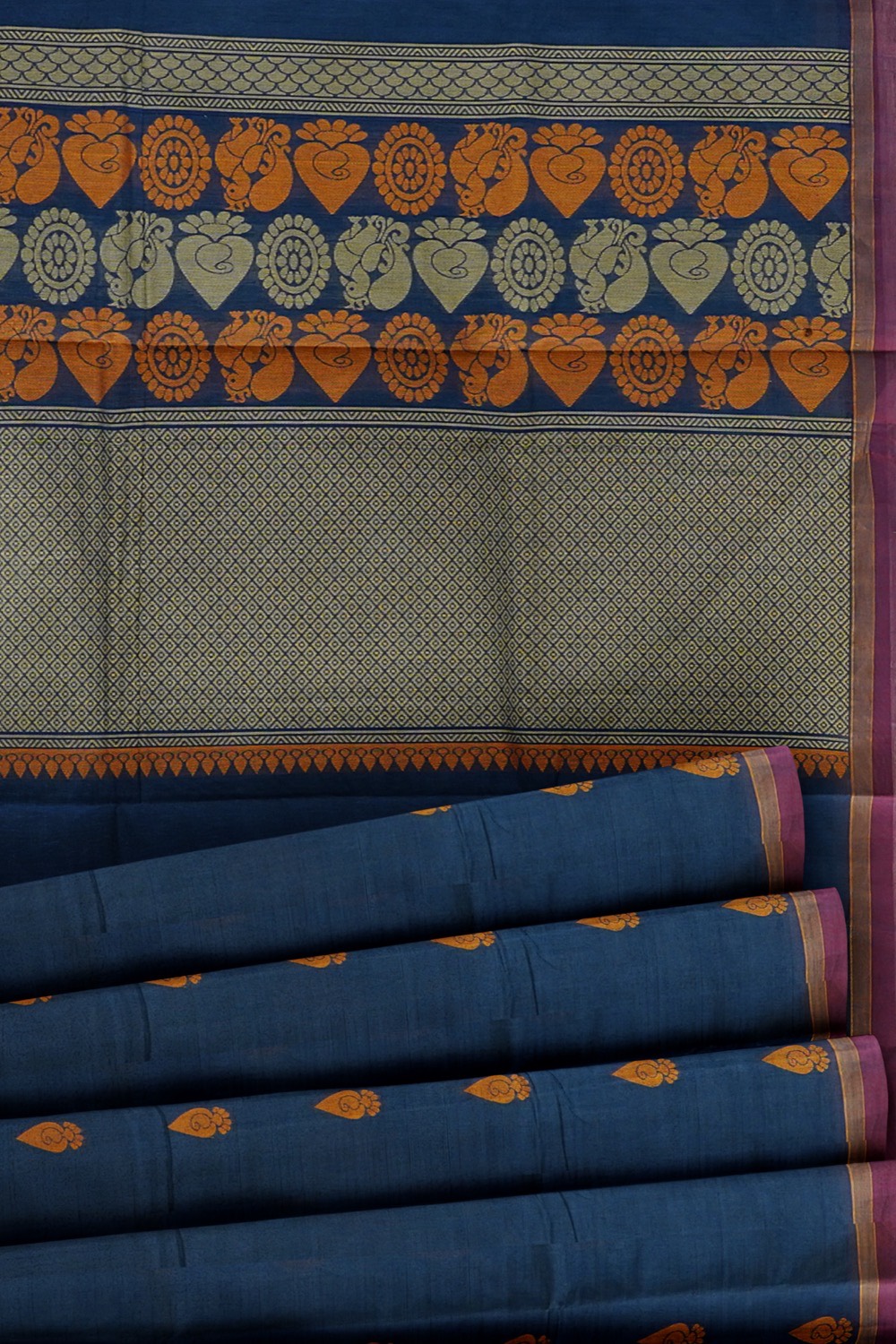 sri kumaran stores kora cotton saree dark blue saree with orange and pink border 5