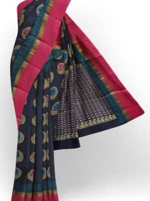sri kumaran stores kora cotton saree dark blue saree with pink border 1