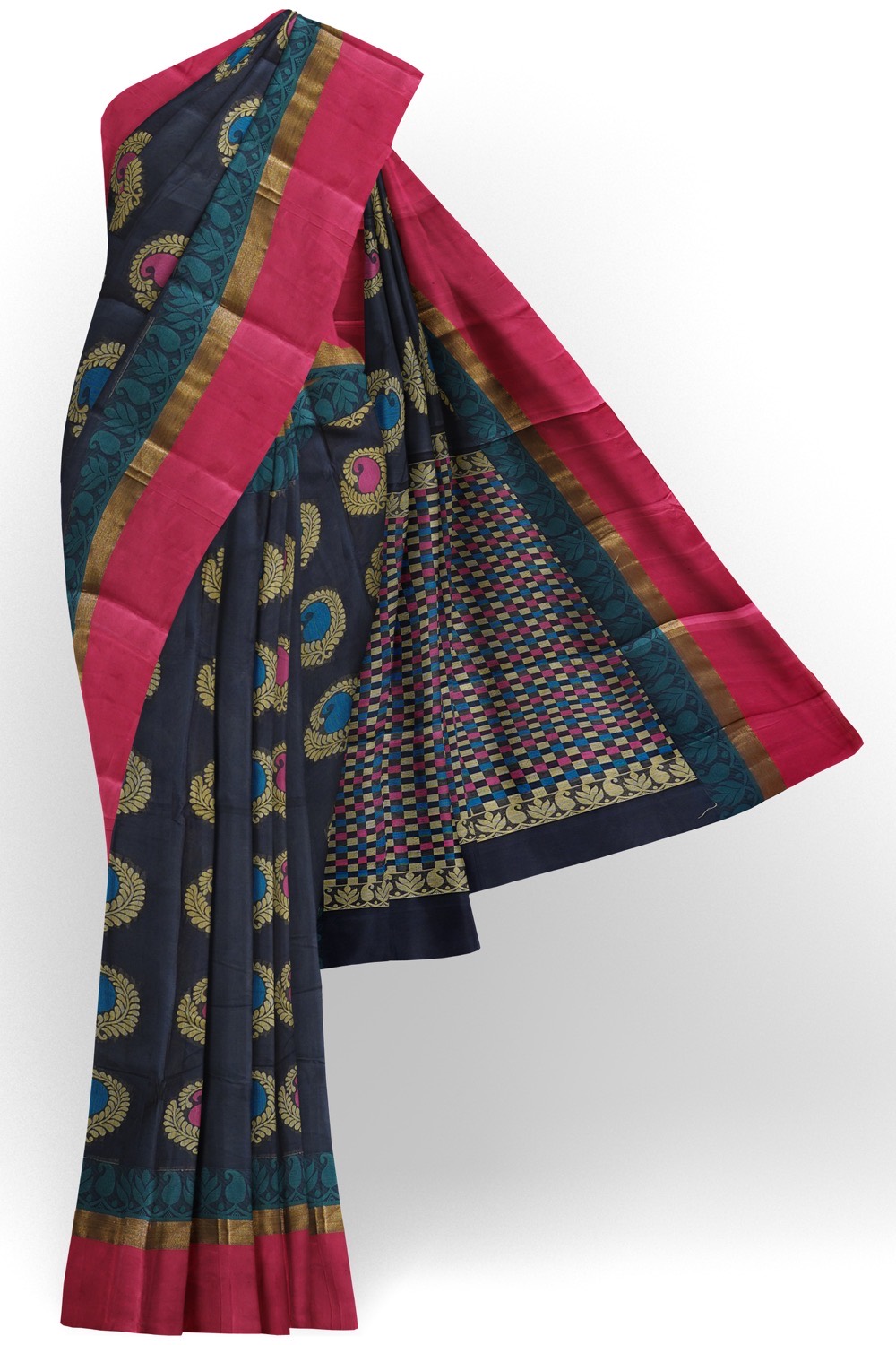 sri kumaran stores kora cotton saree dark blue saree with pink border 1