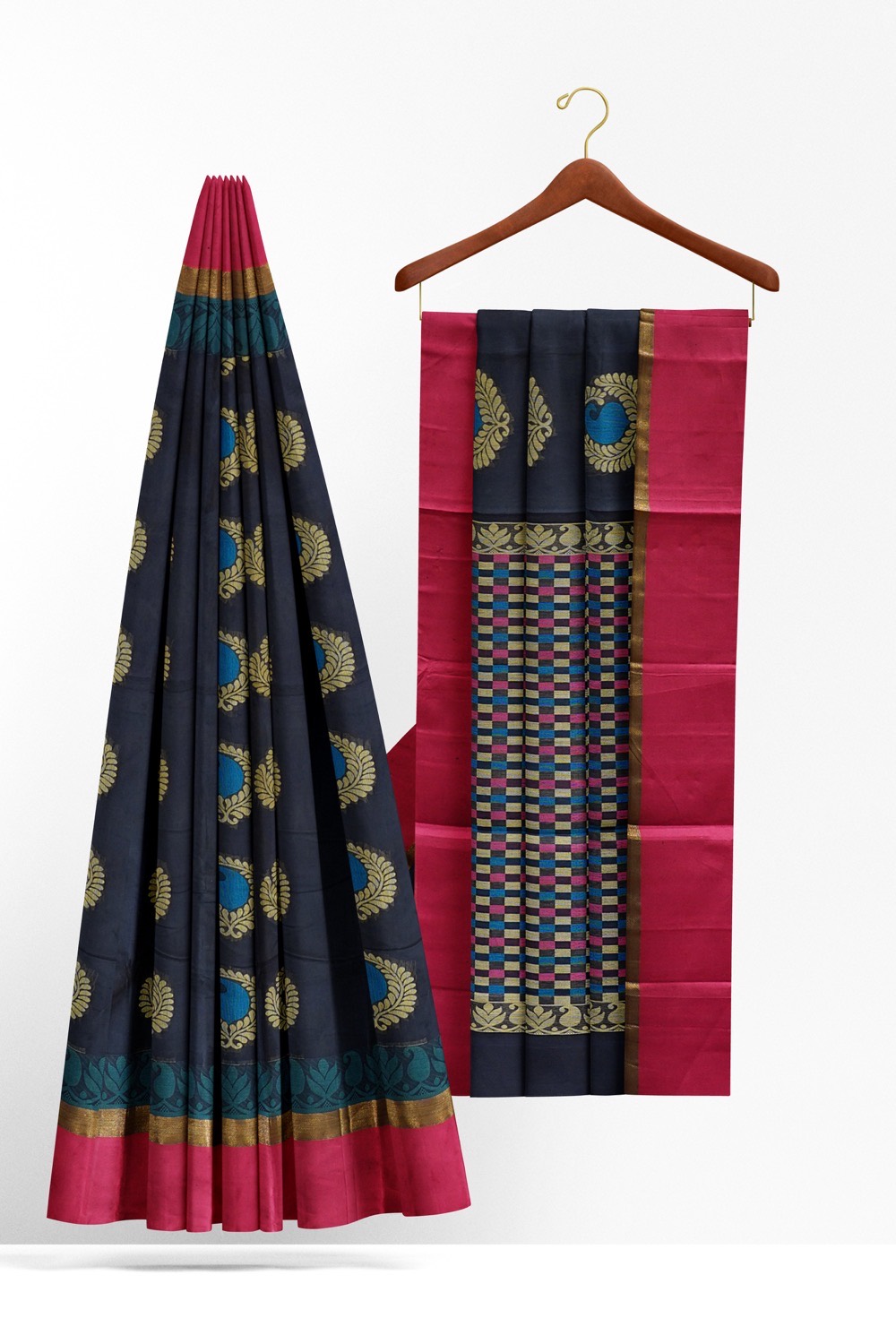 sri kumaran stores kora cotton saree dark blue saree with pink border 2