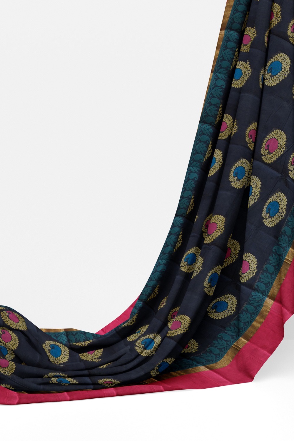 sri kumaran stores kora cotton saree dark blue saree with pink border 3