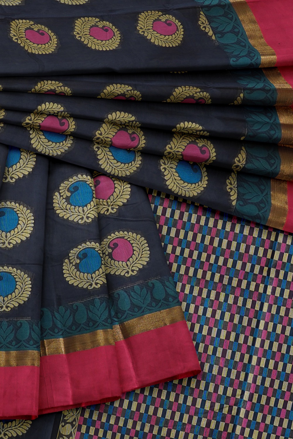 sri kumaran stores kora cotton saree dark blue saree with pink border 4