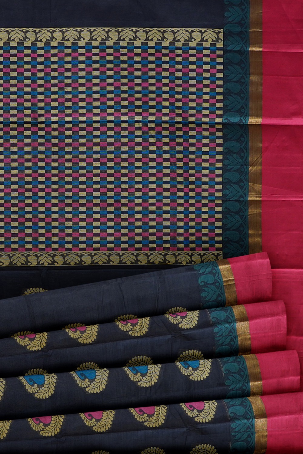 sri kumaran stores kora cotton saree dark blue saree with pink border 5