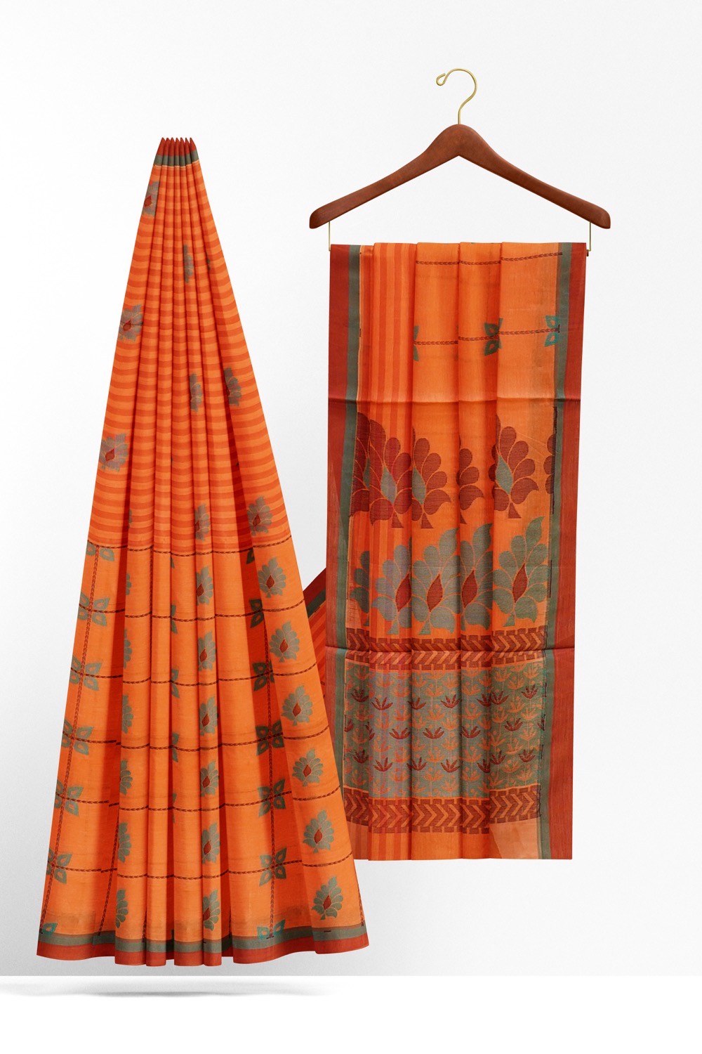 sri kumaran stores kora cotton saree dark orange saree with red border 2