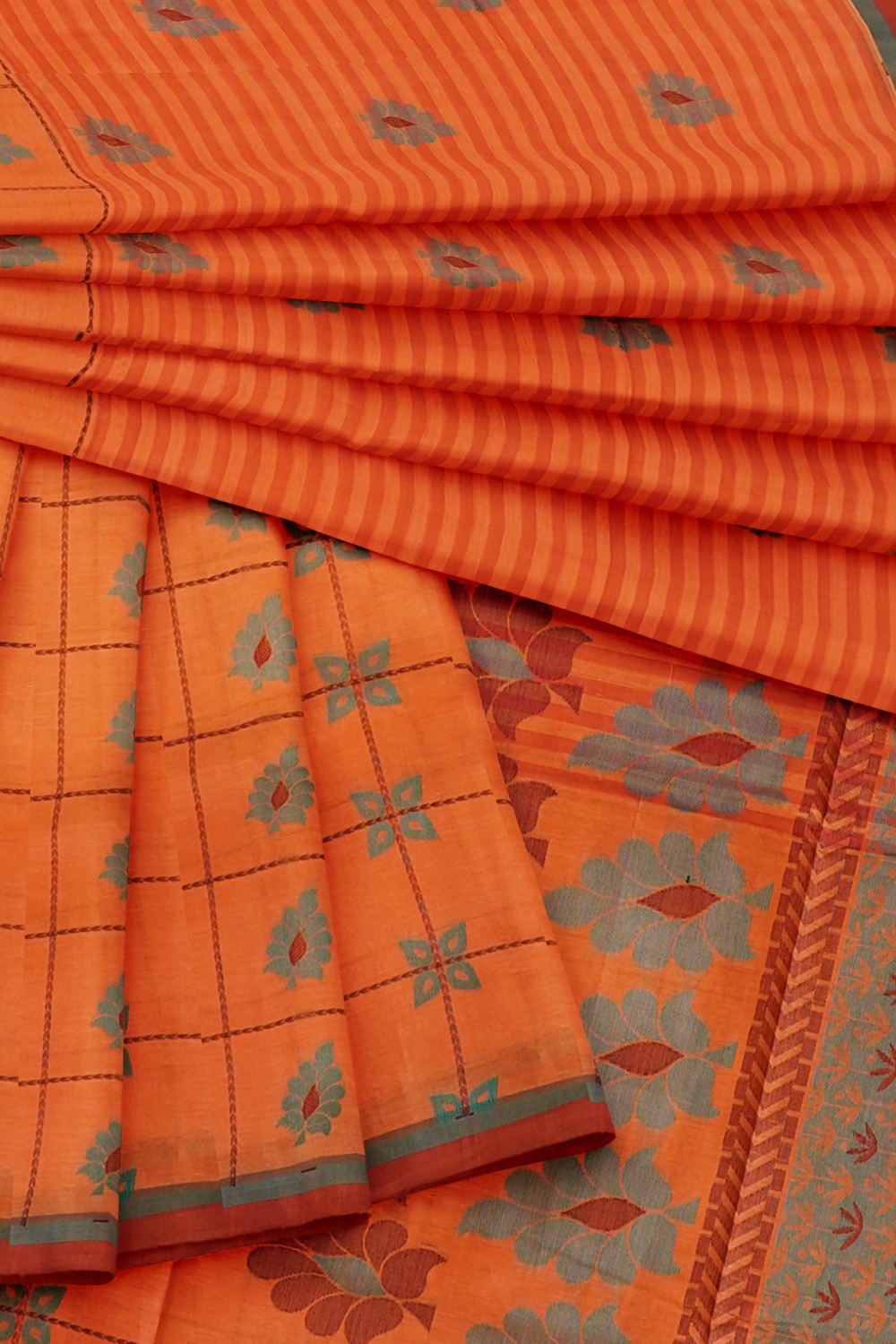 sri kumaran stores kora cotton saree dark orange saree with red border 4