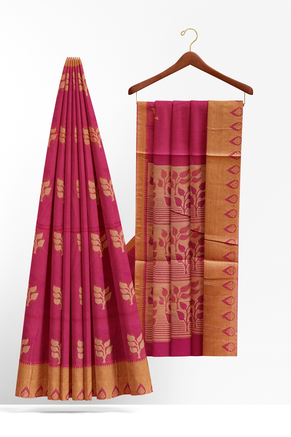 sri kumaran stores kora cotton saree dark pink saree with golden border 2