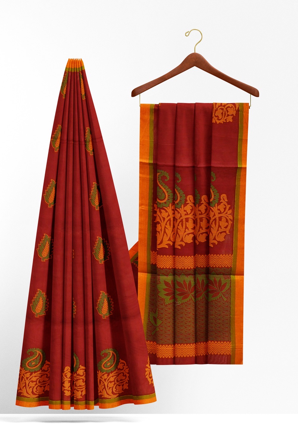 sri kumaran stores kora cotton saree dark red saree with yellow border 2