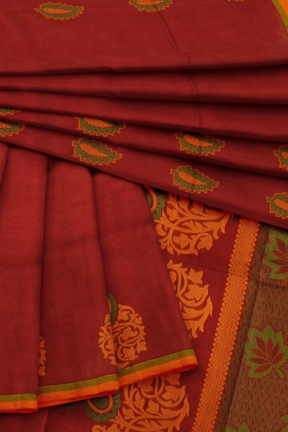 sri kumaran stores kora cotton saree dark red saree with yellow border 4